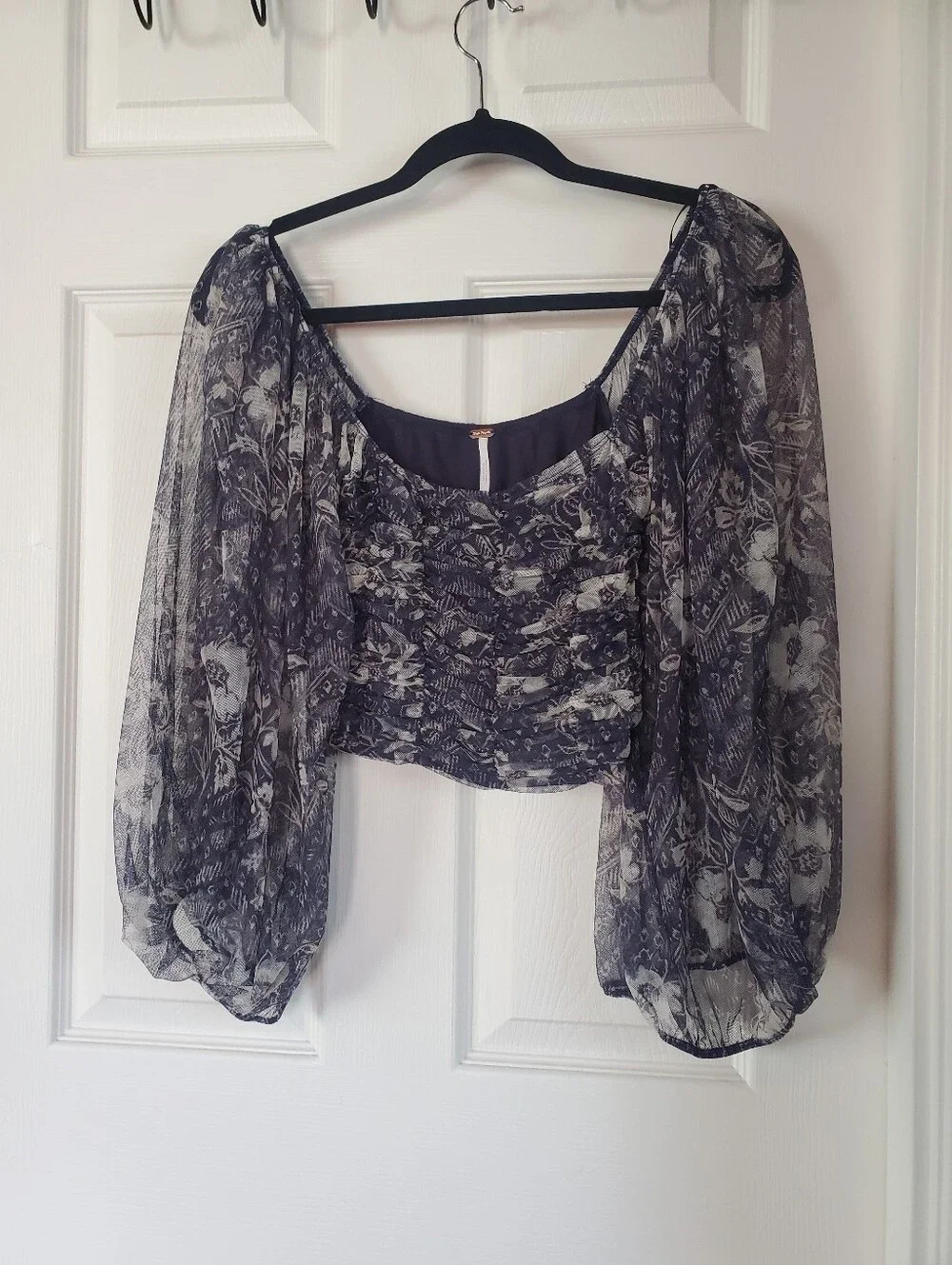 Free People Lilia Top Peasant Smocked Crop Baloon Sheer Sleeves Preppy Festival